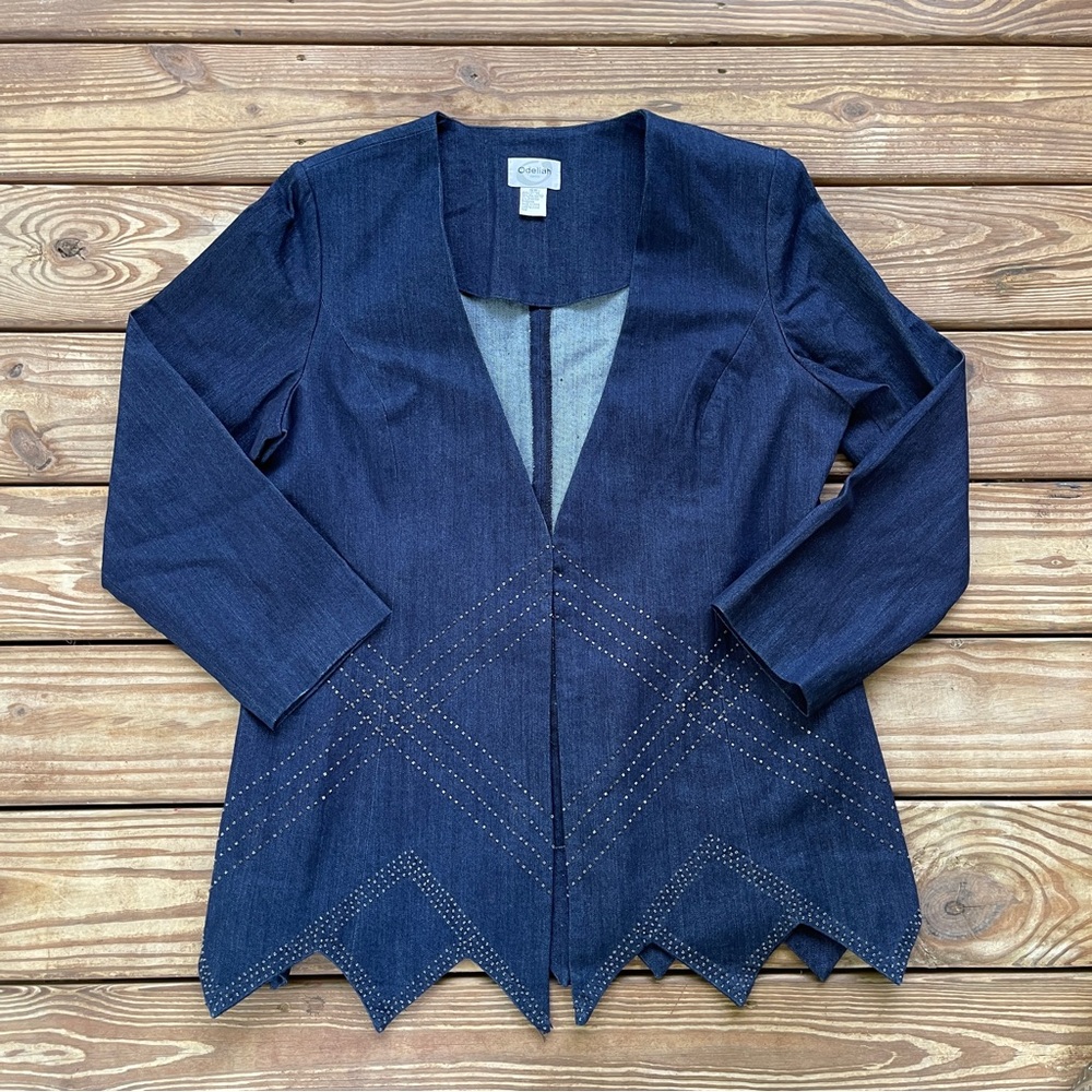 Odeliah Denim Jacket Womens beaded Asymmetrical Hem Open Front Boho